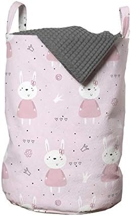 Lunarable Бъни Laundry Bag, Женствен Дизайн Зайци в Розова Рокля на Малки Драскотини на Сърцето Цветя, Кошница с Дръжки