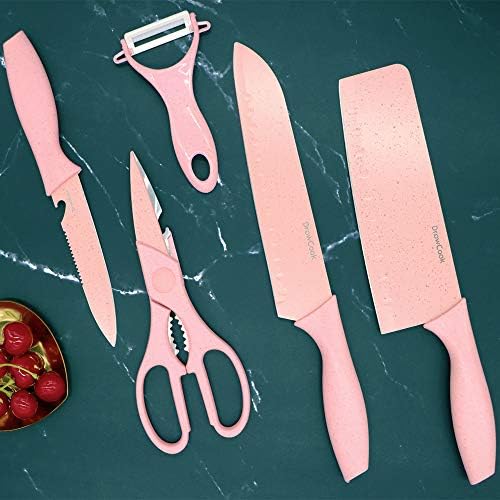 Комплект кухненски ножове Розово - 5 броя Кухненски Ножове, Незалепваща и Остри определя Нож на Главния готвач за Рязане на Кухненски Месо, Ножици и Керамична Белач?