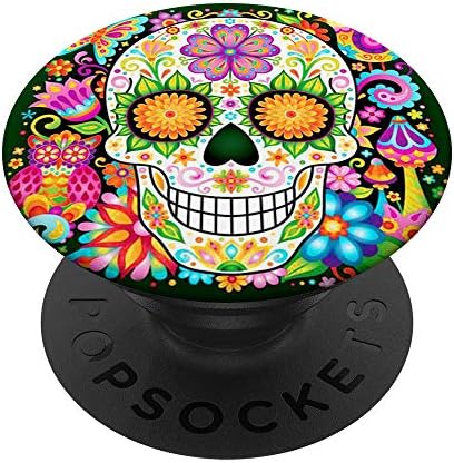 Хладен Захарен Череп Мексикански Дизайн Цветна Украса изкуството на черни PopSockets PopGrip: Замяна дръжка за телефони