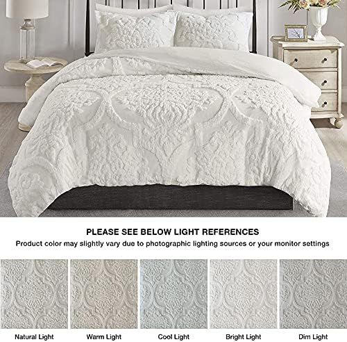 Madison Park Tufted Chenille Cotton Duvet - Modern Luxe All Season Comforter Cover Bed Set with Matching Shams, Виола, Damask Off White King/Cal King(104x92) 3 бр.
