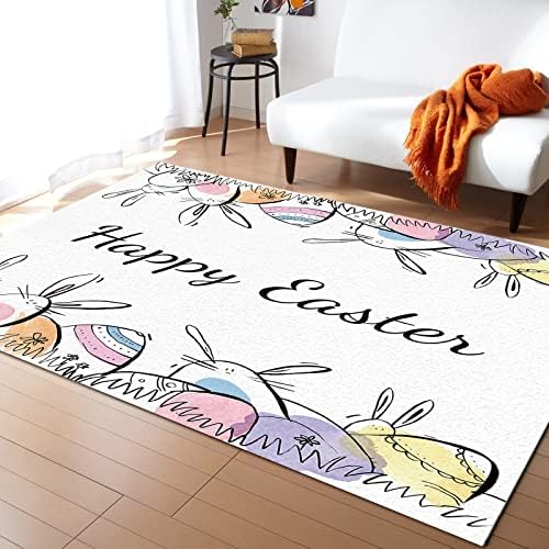 Подложка за Спални Хол - Happy Easter Сладък Бъни Funny Cartoon Style Eggs Contemporary Floor Carpet Comfy Runner Rug