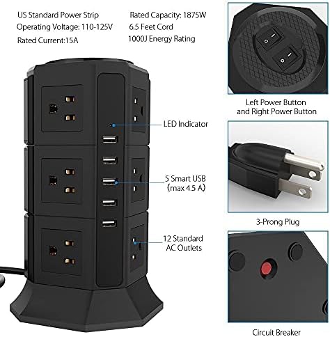 CUJUX Вертикална Сила Ивица Кула Защита от Пренапрежение 8/12 Way US Electric Pluging Outlets USB Chargier 6.5 ft Удължител