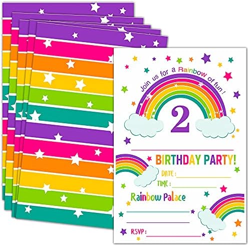 2nd Rainbow Birthday Party Покани с конвертами – Покани за рожден Ден, Преливащи украса за партита– 20 картички с конвертами（c03-02）