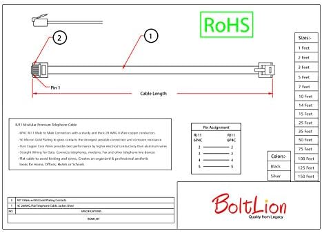 BoltLion BL-694511 7 Фута RJ11 Модулен Премия Телефонен кабел [Данни, 6P4C, Директен] за домове, офиси, хотели или училища