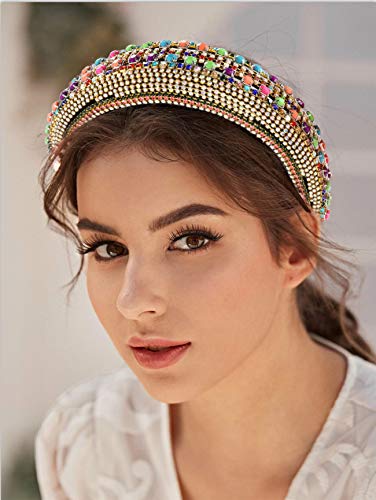 Rhinestone Padded Headband for Women - Colorful Crystal Decorated Head BandsThick Diamond Bling Hair Band Jewel Beaded