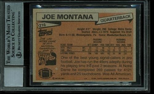 49ers Джо Монтана Signed Card 1981 Topps RC 216 Auto Graded Gem 10! БАН Slabbed - Футболни Стари карти Slabbed