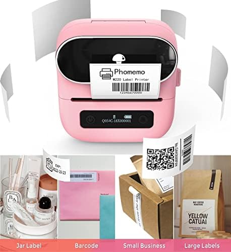 Phomemo M220 Pink Label Printer, Upgrade Label Maker, Bluetooth Thermal Принтер е Съвместим с iOS,Android,Mac, Windows10 с 1 рулоном 40 x 30 мм и 1 Рулоном 70 x 80 mm етикет на лента