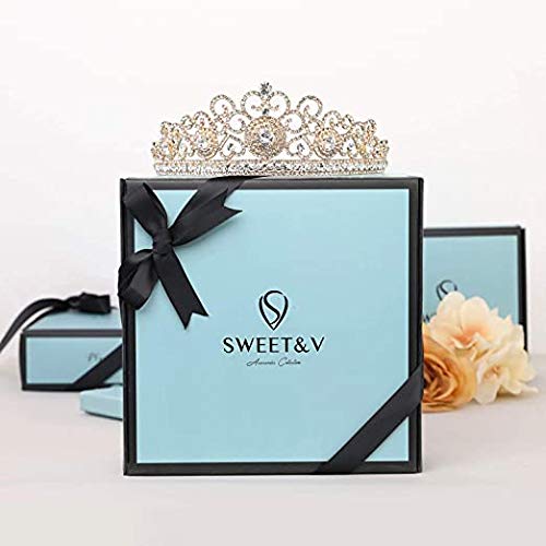 SWEETV Royal CZ Crystal Tiara for Women, Blue Wedding Crown for Brides, Princess Headpieces Bridal Hair Accessories for