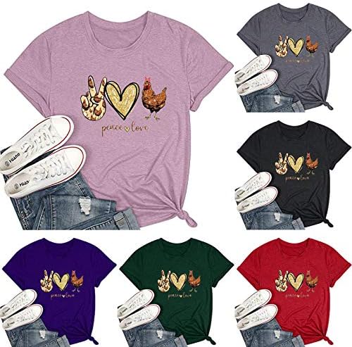 Забавни Пилешки Ризи за Жени Графични Тениски Реколта Сладки Блузи С Къс Ръкав в Ежедневието Градинска Облекло Peace Love