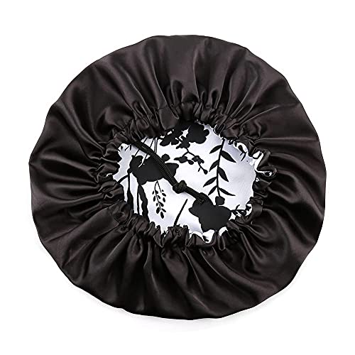 ELIHAIR Silky Night Sleeping Cap Satin Bonnet for Къдрава Коса Adjustable Hair Bonnet Reversible Double Layer Black Flora
