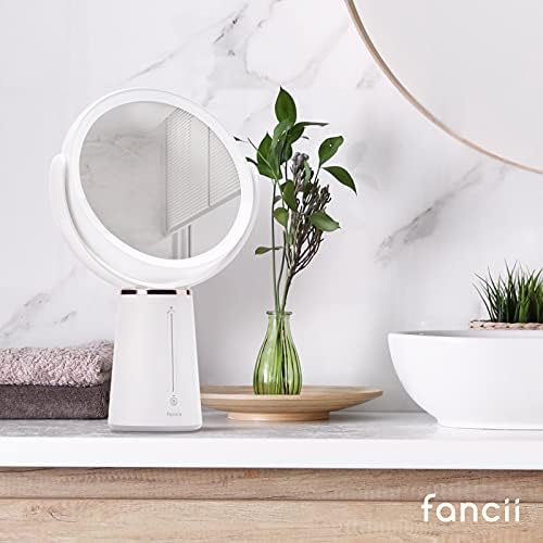 Fancii LED Осветена Увеличително Огледало за Грим с Двустранно увеличение 1x/ 10x, Акумулаторна и може да се Регулира Яркостта, Голямо Десктоп Огледало в Сенниците (Nova)