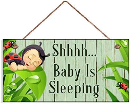 MAIYUAN Shhhh Baby is Sleeping Sign, Nursery Door Sign, Ladybug Baby on Shabby Wood Background, 5 x 10 Sign(E3-WE2227)