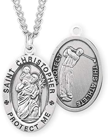 Saint Christopher Oval Sterling Silver Golf Male Athlete Medal | 1.1 x 0.7 (27mm x 17 мм) | Made in USA | Deluxe Velvet