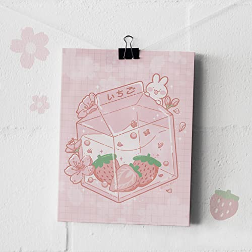 Kawaii Strawberry Milk Wall Art Print - Японски Аниме Естетически Плакат - Teen Gamer Girls Room Спалня Декор - 8x10 -