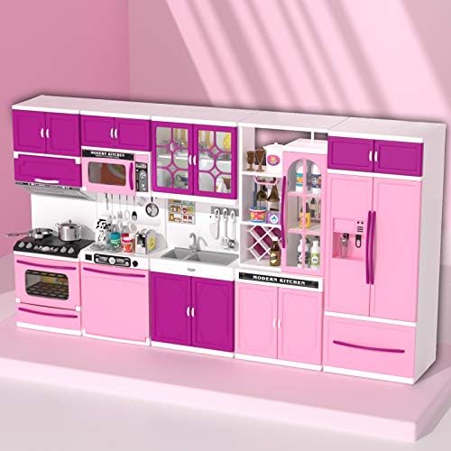 TEMI Кухня Playset 56 PCS Кухня Set for Kids Girls Pink Кухня Play Set Accessories 5-in-1 Mini Kitchen with Светлини и Звуци, идеален за 11-12 Кукли