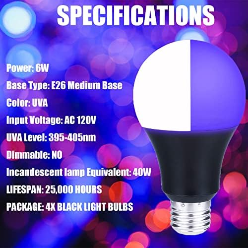 Черни лампи 6W, E26 Medium Base UV (395-405nm) Blacklight Bulb, Glow-in-The-Dark UV Blacklight за Бои за тялото, Флуоресцентни Плакати, Сватбената парти, за Хелоуин - 4 опаковки