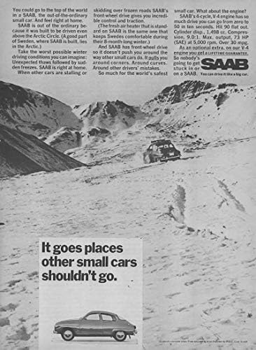 Реклама в списанието: 1968 Saab, построен на път за северния полярен кръг,той кара там, където не трябва да разчитам на други малки автомобили.
