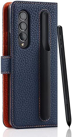 Cavor за Samsung Galaxy Z Fold 3 Чанта-портфейл с Подвижен Държач S Pen чанта за Носене от естествена кожа с Отделения за карти и функция за стойка Flip Cover Case-Тъмно син