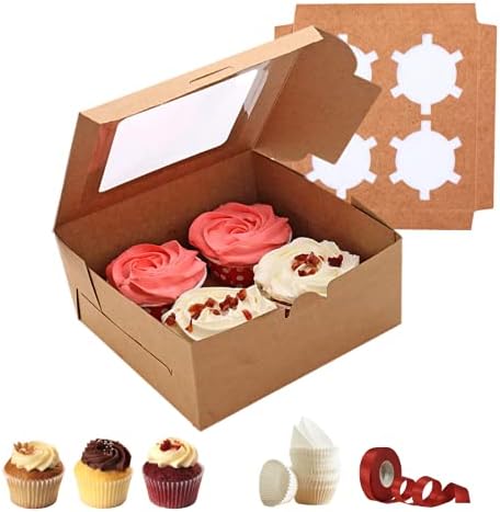 ZXFCGHL 20 Set Cupcake Boxes,Cupcake Carrier,Brown Cupcake Containers,Хлебни Boxes with Windows and Inserts to Fit 4 Тарталети Muffins or Pecks,100 Cupcake Baking Cups and Ribbon
