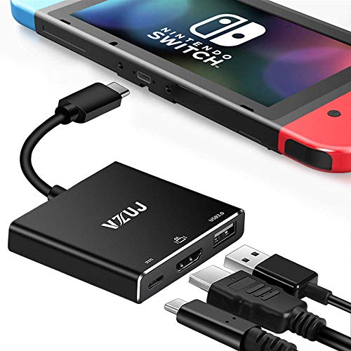 HDMI Type C Hub Адаптер за Nintendo Switch,VZUJ USB C Многопортовый адаптер за HDMI с 4K UHD HDMI,A USB 3.0 и порт за бързо зареждане е Съвместим с MacBook Pro,Samsung Galaxy S9/S8 Plus Повече, черен