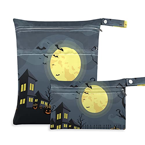 Moon Haunted House Прилеп за Хелоуин Wet Dry Bag Пелена за многократна употреба Wet Bag за Бански костюми Водоустойчив Влажна, Суха Органайзер с Два Джоба с Цип Дръжка за Мръсна Кър