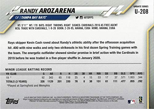 2020 Topps Update Baseball U-208 Randy Arozarena Новобранец Card Лъчи