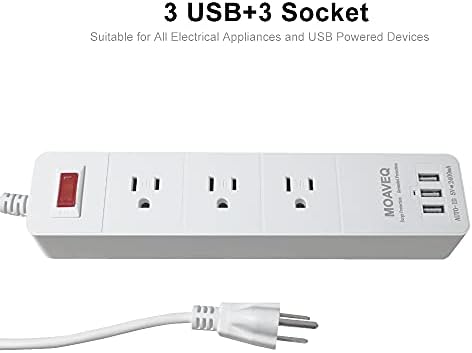 Удължителен кабел с USB портове, MOAVEQ Power Strip w/ 6 ФУТА Cord Surge Protector w/ 3 Контакти и 3 USB порта за Домашния Офис