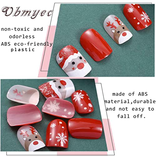 Obmyec Square Red Press Нокти Short Коледа Elk Fakes Glossy Santa Claus False Нокти Snowflake Artificial Нейлз Printed