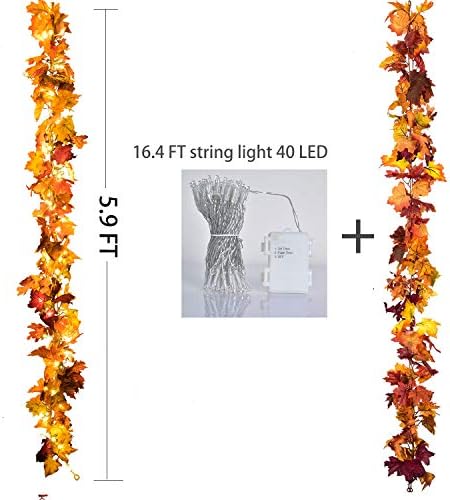 Artiflr 2 Пакет (и) Есен Венец Кленов Лист с 16.4 Ft 40 LED Светлина Кабел, 5.9 Ft/Piece Виси Лоза Венец Изкуствена Есента