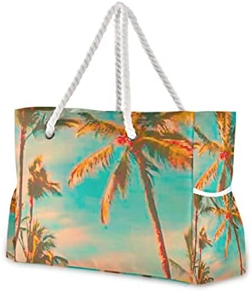 TSENQUE Хубава Плажна Чанта, Тропически Модел Фламинго Дини Памук Въже Дръжки Чанта, Плажни Чанти за Жени