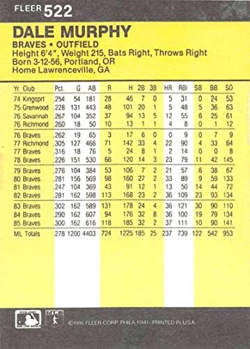 1986 Fleer Baseball 522 Dale Мърфи Atlanta Braves Официалната търговска MLB карта