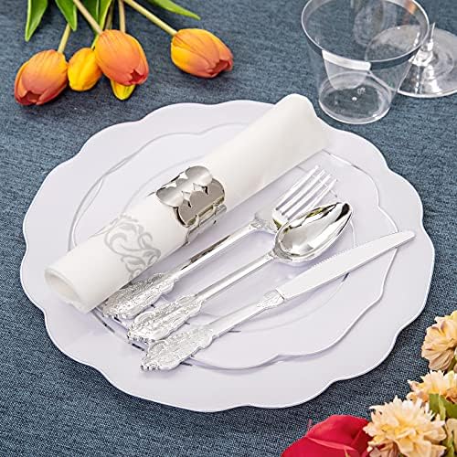 NOCCUR 175шт Сребърни пластмасови чинии за еднократна употреба с прибори за хранене и чаши - Silver Rim Plastic Tableware