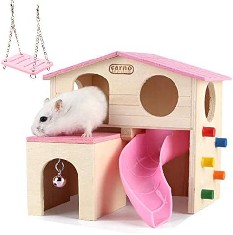 Пет Small Animal Hideaut Hamster House Deluxe Two Layers Wooden Hut with Climbing Ladder Slide Play Toys Chews for Dwarf
