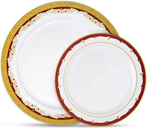 Laura Stein Дизайнерски Комплект кухненска посуда | 32 за Еднократна употреба Пластмасови Вечерни Чинии | Бяла Сватбена Табела с бордовым ръб и златни Акценти | Включва 16x