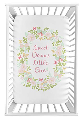 Sweet Jojo Designs Blush Pink, Mint and White Watercolor Rose Baby Girl Fitted Mini Portable Crib Sheet for Butterfly Floral Collection - Sweet Dreams Little One - само за Мини-креватче или опаковане и игри