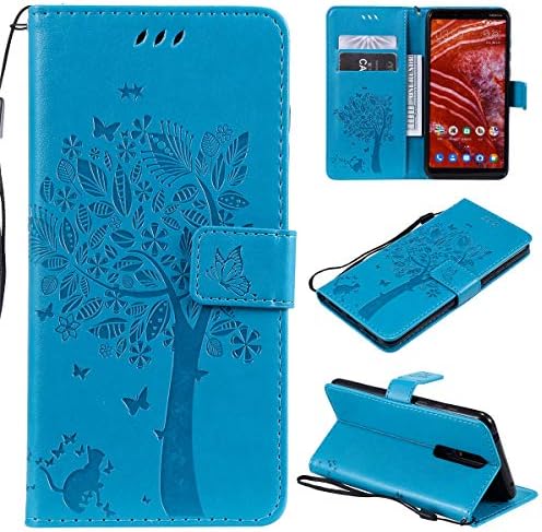 Nokia 3.1 Plus Case, Gift_Source [Слот за карти] [Cat Tree Butterfly Emboss] Flip Портфейла Case Premium ПУ Leather Folio Cover Stand Feature & Wrist Strap for Nokia 3.1 Plus (6.0 inch) [Blue]