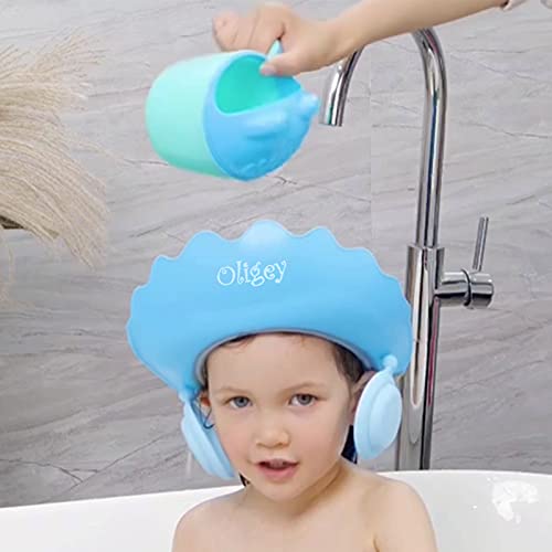 Oligey Adjustable Baby Shower Cap Visor,Upgrade Relaxing Toddler Bath Hat Protect Kid Eye and Ear-Safe,Durable Flexible Plastic and TPE Бебе Shampoo Shield Protect Your Child Нежни Washing(Blue)