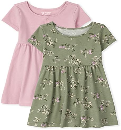 The Children ' s Place Baby Toddler Girls Short Sleeve Floral and Solid Henly Babydoll Облекло 2-Pack
