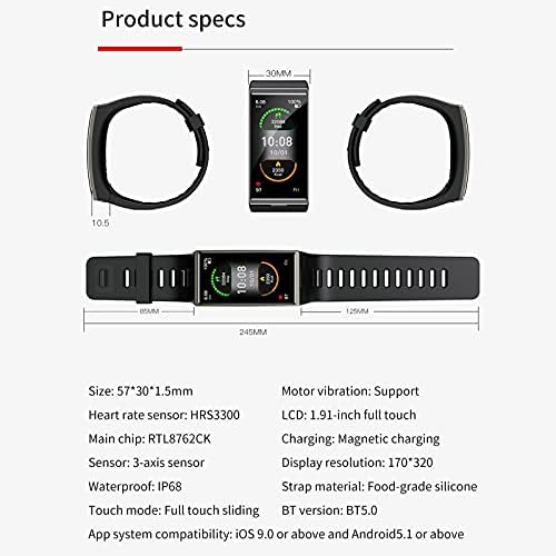 Damian-Sewing Smart Watch IP68 Водоустойчив мъжки и женски 1,9 инча 170320 LCD екран Smartwatch с сърдечния ритъм IP68 Водоустойчив тракер активност с шагомером за Android и iOS (Цвят : черен)