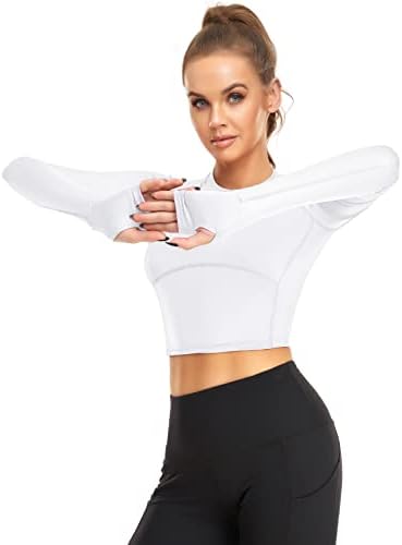 LURANEE С Дълъг Ръкав Crop Върховете Slim Fit Workout Тениски for Running Yoga Gym with Thumb Holes