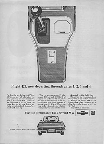 Комплект от 2 оригинални списания, печатни реклами: 1966 Chevy Corvette Sting Ray Convertible,С 427 кубични инча, кой се нуждае от прилагателни?,Полет 427, сега катастрофи през портата 1, 2,