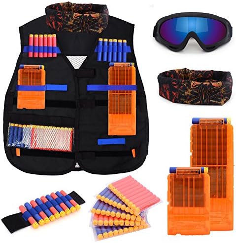 Детски Тактическа жилетка Комплект за Nerf N-strike Elite Series с 50 Куршуми за Презареждане Дартс + 2 Презареждане на Клипове + Маска за лице + Защитни очила + ръчно изработени г