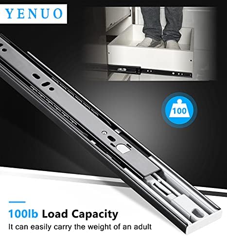 YENUO Push to Open Drawer Slides Full Extension handleless Side Mount 12 14 16 18 20 22 24 inch Ball Bearing Metal Black Релси Track Guide Glides Пътеки Heavy Duty 100 Gbp 1 чифт (12 инча)