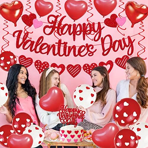 Happy Valentine 's Day Decorations Valentine' s Day Banner Cake Topper Red Hanging Върти Декор Love Balloons Wedding Anniversary Engagement Bridal Shower Party Supplies