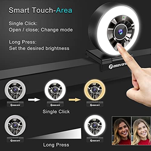 Pasavant 1080P Уеб-камера с Двойна Микрофон, два цвята Околовръстен Лампа и Статив, HD Потоковая уеб камера USB Plug and